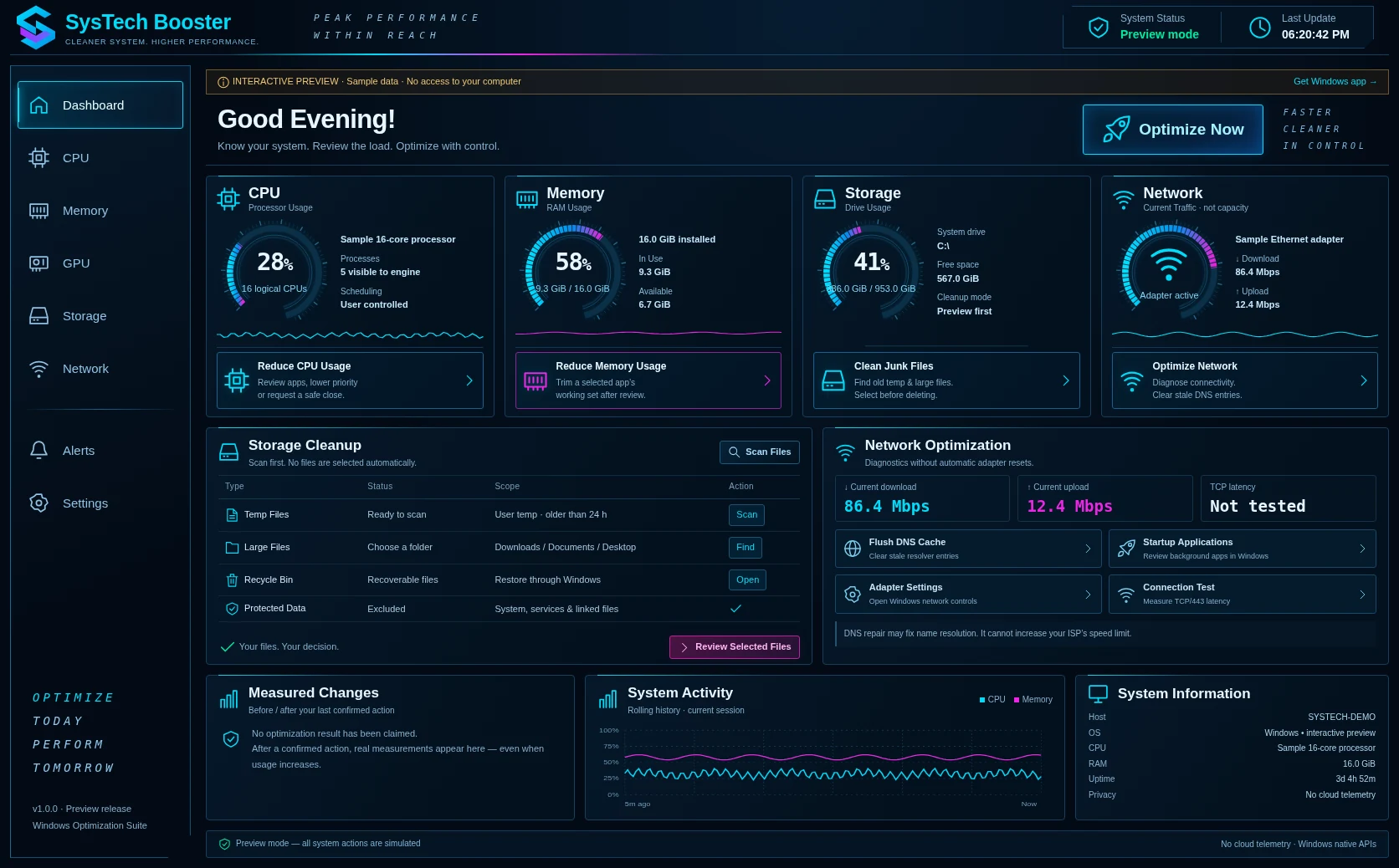 Actual implemented SysTech Booster dashboard in clearly labelled preview mode